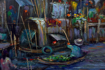 Art painting Oil color Floating market in Dark from Thai land