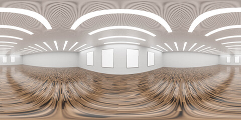 Emtpy gallery hall room with wooden floor and concrete wall with three empty blacnk picture frames, Interior design with Loft style 360 equirectangular panorama 3d rendering illustration © eliahinsomnia