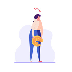 Sad woman holding broken coin. Concept of financial crisis, Bankruptcy, money problem, fund downfall, falling income, risk and investment failure. Vector illustration in flat design for web banner