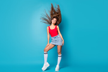 Full length photo of cheerful pretty lovely girl enjoy spring free time weekend holiday dream...