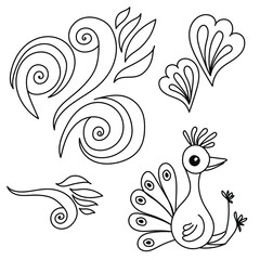 Doodle peacock and spiral elements, outline vector illustration for design and creativity