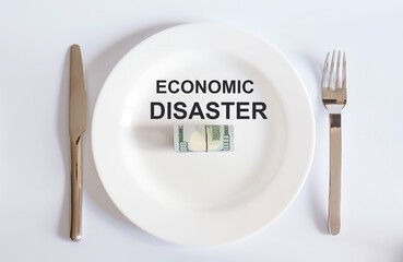 text ECONOMIC DISASTER of USA dollar currency concept photo with default sign on white plate