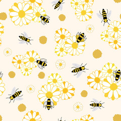 Cute daisy flower and bees seamless pattern