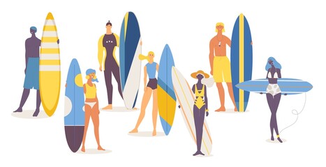 Set of happy young people of different nationalities with surfboards