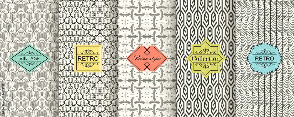 Poster set of seamless geometric patterns with trendy modern colorful labels. shabby chic. vector geometric