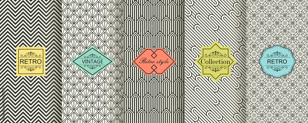 Poster Set of seamless geometric patterns with trendy modern colorful labels. Shabby chic. Vector geometric seamless textures with zig zag lines, stripes.