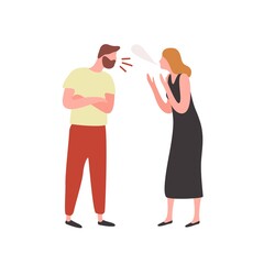 Bearded irritated guy and angry woman scream each other vector flat illustration. Conflict between couple isolated on white background. Quarrel of shouting male and female characters