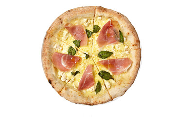 fresh pizza with different ingredients on a white background