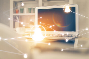 Computer on desktop with social network theme icon. Multi exposure. Concept of international connections.