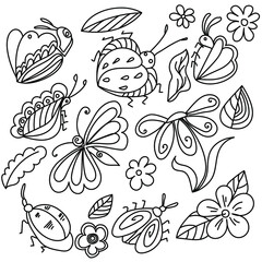 Doodle fantasy insects and nature elements, flower, leaves and bugs for design and creativity