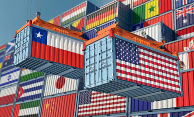 Freight containers with Chile and USA flag. 3D Rendering 
