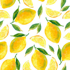 Seamless watercolour citrus pattern. Bright summer fruits on white background. Seamless Lemons. Watercolor illustration for wrapping paper, fabric, textile, wallpaper, etc