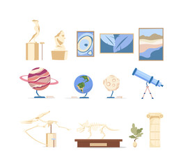 Museum exhibits flat color vector objects set
