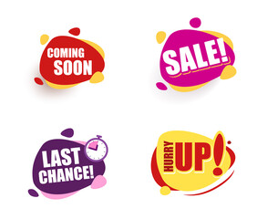 Set Speech bubble announcement. coming soon Sale last chance hurry up Promotion Icon Offer. advertising sign. Vector banner in modern flat style on white.