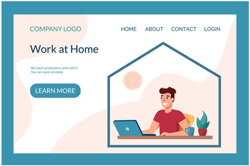 Web page template for a site dealing with trained remote specialties. .Man working on a laptop from home. Vector illustration Work at home, flat style.