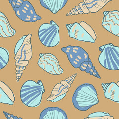 Seamless pattern with seashells. Marine background. Vector illustration in sketch style. Perfect for greetings, invitations, wrapping paper, textile, wedding and web design.