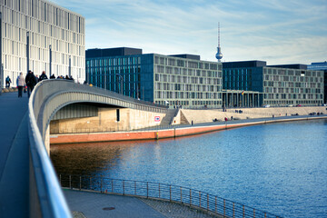 Modern building on a river bank in Berlin