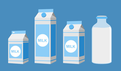 Milk in different packages collection.Vector illustration of carton milk boxes.