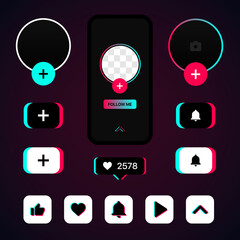 TikTok Social Media Set. TikTok Duotone Icons. TikTok Elements. Swipe Icon. Subscribe Icon. Like Icon. Play Icon. Vector Illustration On Gradient Background