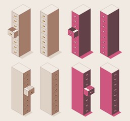 Set of isometric outline colored office cabinet furniture in pink and brown
