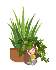 A cute girl sits under a large ceramic pot with a houseplant. Indoor plants ivy and aloe vera. Hobby. Interior Design. Vector illustration of children.