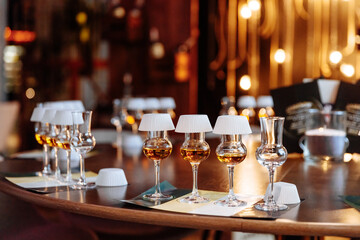 Table set of glasses filled with alcohol for tasting