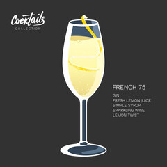 French 75 Cocktail Sparkling lemon glass vector illustration