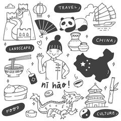China Travel Destination Doodle Set Vector Illustration, Chinese Sentence Mean "Hallo"