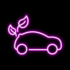 Thin line electric car with leafs pink glowing neon ui ux icon. Glowing sign logo vector
