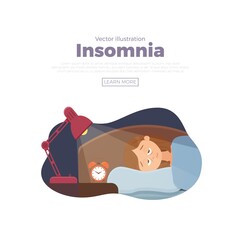 Sleepless woman face cartoon character suffers from insomnia