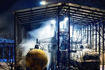 Cargo train wagons loading with fossil fuel at the terminal at night. Riga, Latvia. Dark industrial scene. Transportation, power generation, global communications, environmental damage theme © Alex Stemmer