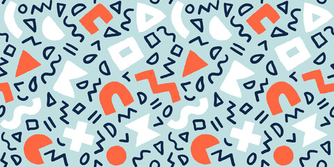 Vector seamless pattern with geometric shapes and brushstrokes. Abstract background with Scandinavian cut out elements.