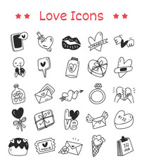 Set of Love Icons in Doodle Style Illustration