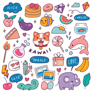 Set of Kawaii Icon in Doodle Style Illustration, Cute Sticker Collection