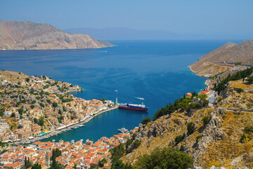 Fototapeta na wymiar Panoramic view of the picturesque village on the Greek island of Symi, Dodecanese, Greece