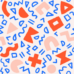 Vector seamless pattern with geometric shapes and brushstrokes. Abstract background with Scandinavian cut out elements.