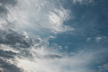 feathery layered turquoise clouds in the summer evening sky