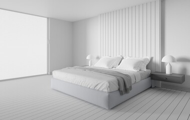 white bedroom with bed and large window scandinavian style interior, 3d render