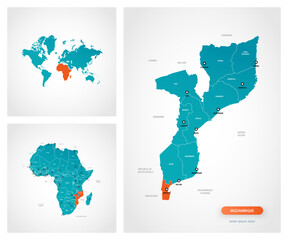 Editable template of map of Mozambique with marks. Mozambique on world map and on Africa map.