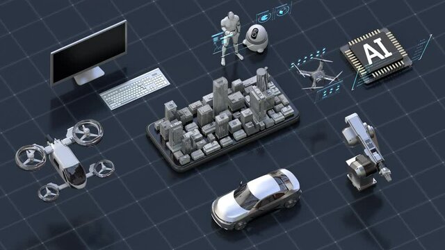 Smart Buildings are made from mobile phones, AI robots machine that symbolize advanced technology. Connect futuristic user interface. 4k animation.