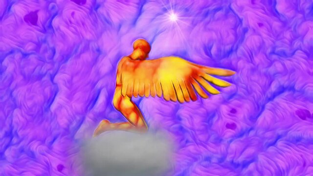 Angel with wings open. Kneeling on cloud. Star above . Celestial heaven realm . Radiant , shimmering flowing light energy. 3d animation