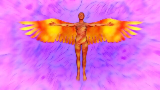 Angel with wings open against clouds. Celestial heaven realm . Radiant , shimmering flowing light energy. 3d animation