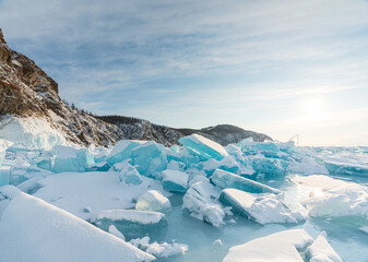 Beautiful crack that goes beyond the horizon on the ice of lake Baikal.