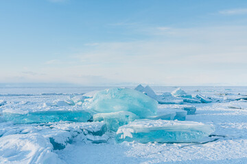Beautiful crack that goes beyond the horizon on the ice of lake Baikal.