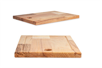 two empty wooden kitchen boards for slicing bread and fruit Isolated on a white background