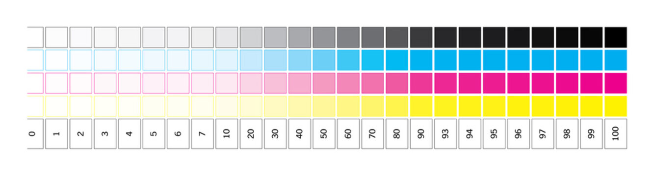 CMYK gradient from 0 to 100 percent print test control scales. color bar test chart offset. Print control strips color cmyk for prepress and print. Stock Vector Adobe Stock