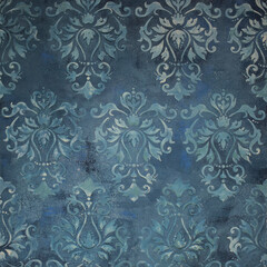 sample of factured plaster surface of the grey-turquoise-blue wall with floral ornament