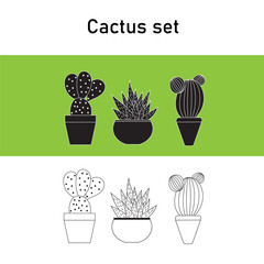 Cactus and succulent icons set, isolated outline black and white sketch . Houseplant and wild cactus collection. Black and white cartoon cactus pattern.