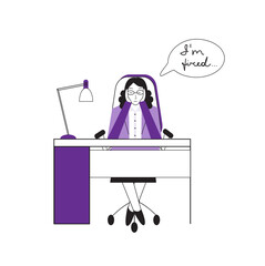 Fired employee woman sitting at the table and worried. Job loss concept, stock vector illustration, isolated on white background. Modern flat style.