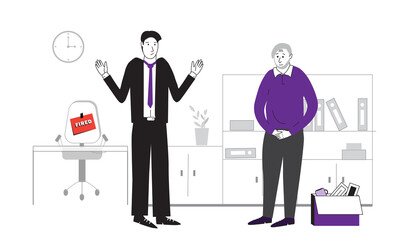 The young director dismisses an elderly employee. Office space, office chair with a sign - fired. Job loss concept, stock vector illustration, isolated on white background.